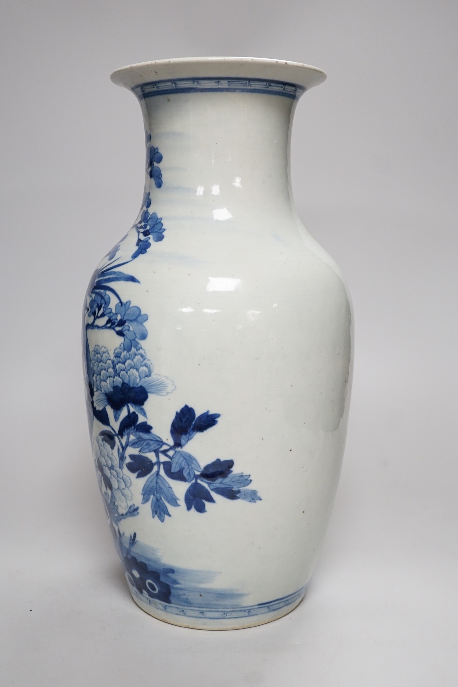 A large Chinese blue and white vase, blossoms, peaches and birds, 37cm